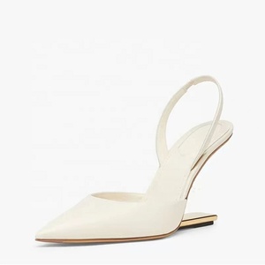 Metallic High Heeled Shoes Women Sexy V-Cut Party Slingback Fashion Genuine Leather Pointed Toe Pumps Black <b>Sandals</b> - Product Image 3