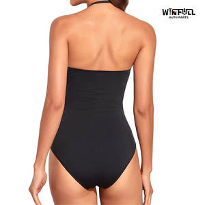 Traje de Baño de Una Pieza Talla Grande para Mujer, Color Sólido, Tirantes Acolchados Extraíbles, Volantes, Estilo Bustier, Sin Tirantes, Logotipo Frontal, Spandex/Poliéster - Product Image 2