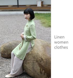 Camisa de lino sostenible para mujer, ropa de lino, Top <span class=keywords><strong>Cheongsam</strong></span>, blusas con cuello Mandarín de estilo chino, camisa de lino de Color sólido - Product Image 5