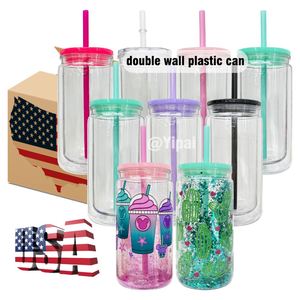 Pre Drilled Hole Glitter Double Wall Snow Globe 16 oz <b>Plastic</b> Beer Can Shaped Acrylic Clear <b>Cup</b> with Lid and Straw - Product Image 1