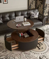 Table basse ronde élégante avec côtés cannelés, mécanisme de levage et rangement intégré