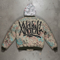 Chaqueta Bomber Personalizada de Estilo Urbano, Gruesa, de Poliéster y Algodón, Holgada, Corta, con Cierre, Estampado Gráfico, Graffiti, con Capucha, para Hombre