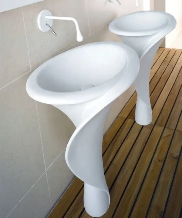 Piso único brillante forma de flor lavabo Pedestal de superficie sólida piedra lavabo para cuarto de baño