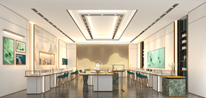 Design d'intérieur de bijouterie de luxe européenne, comptoir d'îlot à bijoux en verre courbé sur mesure, vitrine murale en bois massif - Product Image 3