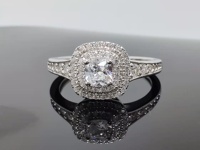 Cincin Tunangan Wanita Berlapis Rhodium Perak Sterling S925 Model Princess Cut CZ Halo, Laris di Afrika