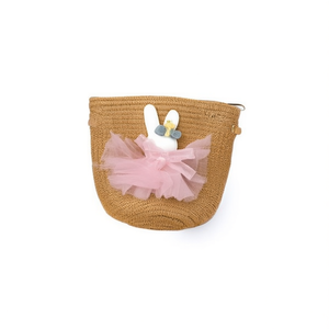 Borsa in paglia con coniglietto in gonna 12x14 cm per bambini, mini pochette alla moda - Product Image 1