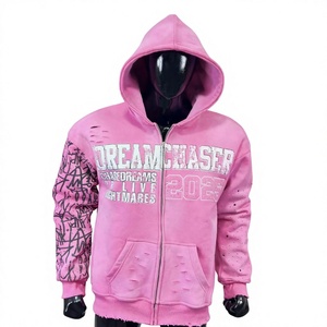 Pink Men's Oversized <b>Zip</b>-Up <b>Hoodie</b> Casual Solid <b>Pocket</b> 2025 Dreamchaser Design Regular Sleeve Fleece 100% Cotton Breathable - Product Image 4