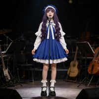 Costume de scène Lolita bleu pour femme, style demoiselle d'honneur, avec volants et nœuds, idéal pour les performances d'anime et d'idoles - Vente en gros
