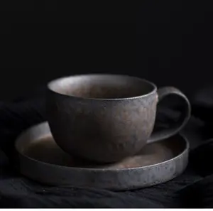 일본 도자기 차 컵 레트로 커피 컵 빈티지 가정용 라떼 컵 블랙