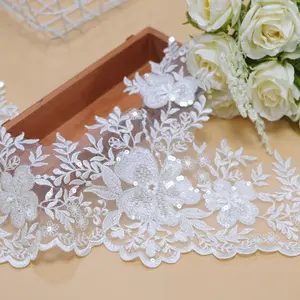 Bead Embroidery Patch New Design Pure White Luxury New Design Blossom 3d Flower Applique Beaded Sequins Flower Embroidery Lace Patch