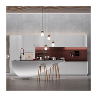Système d'armoires de cuisine contemporaines blanches avec comptoir de petit-déjeuner, aménagement en ligne droite pour locatif
