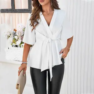 New Wholesale Customized Commuter Solid Color Casual Women's Short Sleeve Elegant Tie Corset Top