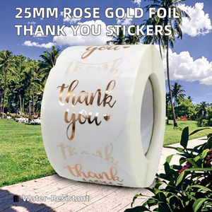 สติกเกอร์กันน้ำพิมพ์ลายตามสั่ง 500 ชิ้นต่อม้วน ฟอยล์สีโรสโกลด์ ขนาดเส้นผ่านศูนย์กลาง 25 มม. ฉลาก 'ขอบคุณ' สำหรับโปรโมชั่น วัสดุ PP - Product Image 2