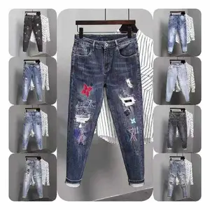 Прямо от фабрики, оптовая продажа, дизайнерские брюки, синие джинсы, мужские и женские рваные узкие эластичные джинсовые брюки, узкие мужские и женские брюки Je