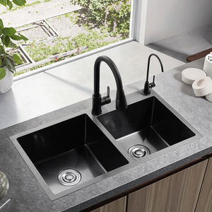 Évier de cuisine rectangulaire <span class=keywords><strong>noir</strong></span> nano en acier inoxydable, fait main, moderne, double cuve, avec robinet brossé à deux trous, pour usage commercial - Product Image 6