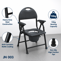 Chaise de toilette pliante avec seau amovible, accoudoirs rembourrés profilés, dossier, poignée de transport, cadre noir