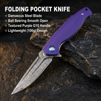 Couteau pliant tactique, couteau de poche Damas, couteau léger EDC, couteau à lame rabattable, manche en G10 violet, outil utilitaire pour le camping en plein air, DM036