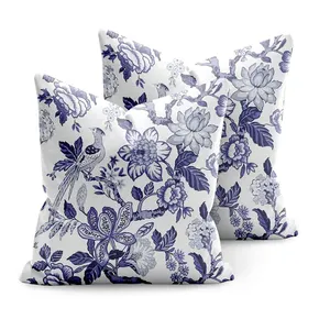 A433 Capas de almofadas decorativas para pássaros e flores, almofadas de linho para fazenda, conjunto luxuoso com flores prateadas e azuis