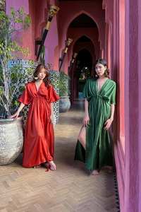 2024 Handblock impreso Pure Viscone mujer Casual cuello en V Maxi vestido boda noche fiesta playa vestido - Product Image 6