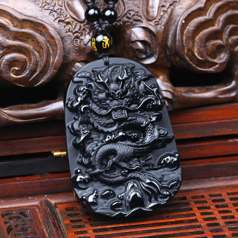 Natural Black Obsidian Carving Dragon Lucky Amulet Pendant Necklace