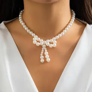 European and American cross-border hot selling French bow choker versatile neck chain beaded imitation pearl necklace