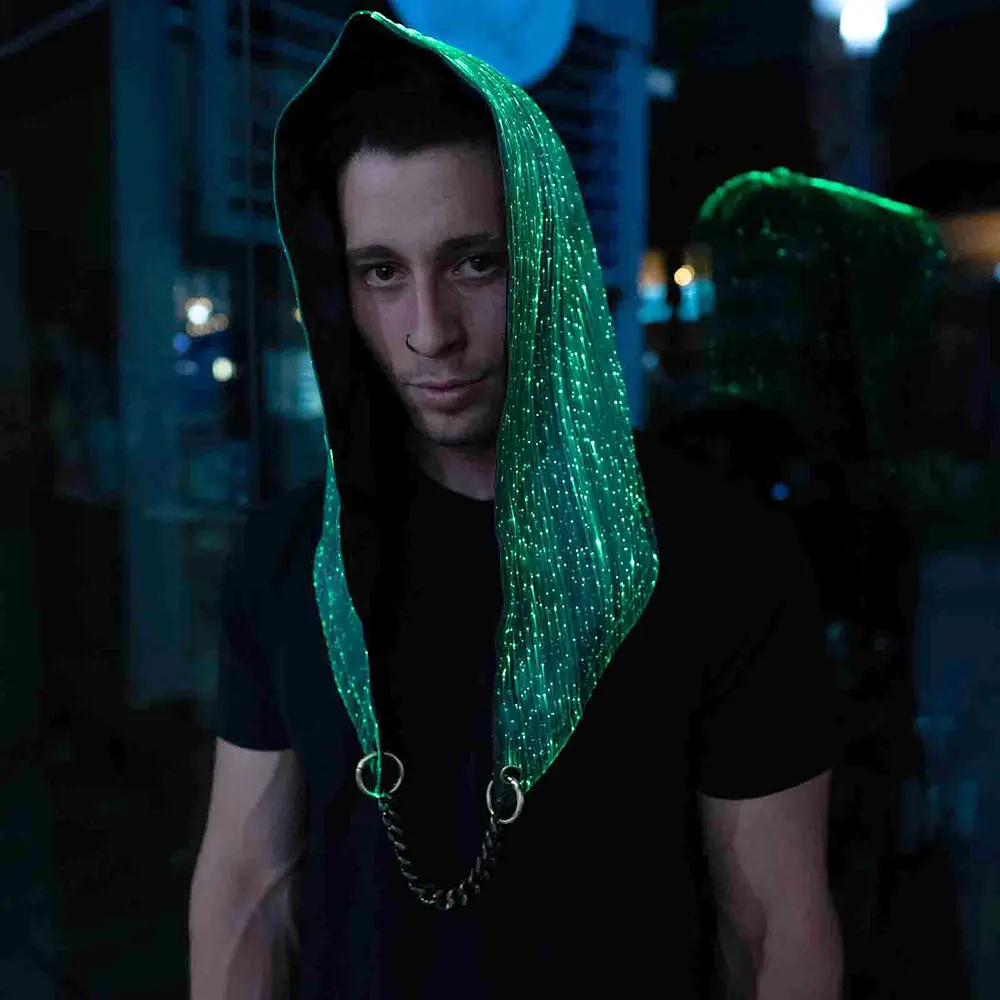 Cagoule lumineuse en tissu de Fiber optique pour hommes-vêtements lumineux Rave Party Mask Dance Costume - Glow EDM Hood LED burn Man
