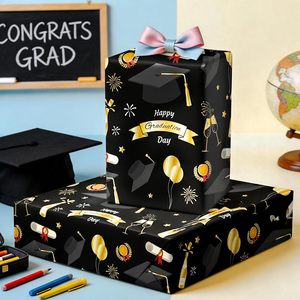 Graduation <b>Wrapping</b> <b>Paper</b> Roll 17 Inch X 16.5 Feet Black Gold Elegant Cap Diploma Gift Wrap For Graduation Celebration - Product Image 2