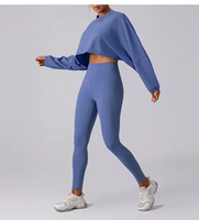 Ensemble de yoga 2 pièces pour femme, taille plus, haut court uni à manches longues, legging et soutien-gorge de sport, pantalon de jogging respirant extensible dans les quatre sens pour la gym