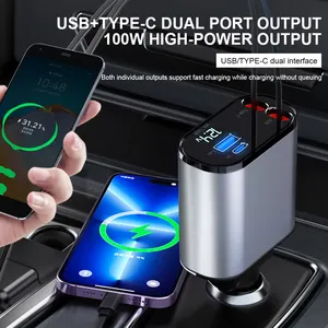 PSDA 4 IN 1 자동차 충전기 USB 타입 C 케이블 아이폰 화웨이 삼성 고속 충전 코드 담배 라이터 어댑터