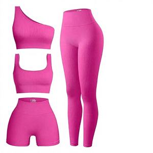 ชุดออกกำลังกายผู้หญิง 4 ชิ้น ผ้าสแปนเด็กซ์/ไนลอน ระบายอากาศได้ดี เสื้อชั้นในออกกำลังกายคอกว้างแบบร่อง เสื้อครอปไหล่เดียว กางเกงขาสั้นเอวสูง กางเกงเลกกิ้ง - Product Image 1
