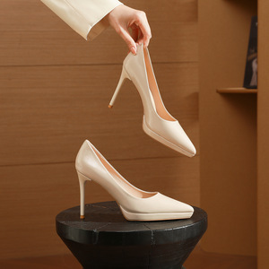 Chaussures à talons hauts en cuir nude pour femmes, bout pointu, talon de 10 cm, été, evergreen, adaptées aux fêtes, aux bureaux, aux mariages, aux occasions formelles - Product Image 6