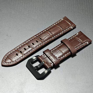 Bracelet de montre en cuir marron avec lignes blanches pour <span class=keywords><strong>Panerai</strong></span> Seiko Fossil Bell & Ross BR01 <span class=keywords><strong>Vintage</strong></span> 24 mm avec boucle noire - Product Image 1