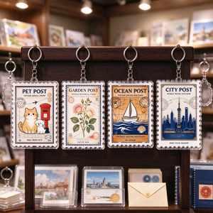 Juego de Llaveros con Sellos Vintage, 4 Diseños: Ciudad, Océano, Jardín, Mascota, Impresión a Doble Cara, Recuerdo de Viaje, Llavero Acrílico, Regalo - Product Image 1