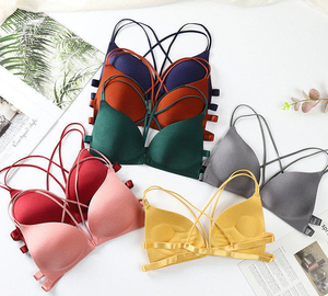 Solid Color Sexy Push-Up Front Closure <b>Wire</b> Free Breathable Woven Seamless Comfortable Anti-Bacterial Eco-Friendly Sling Bra - Product Image 3