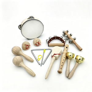 Juego de 9 Instrumentos de Percusión Orff de Madera con Triángulo, Castañeta, Pandereta, Campana de Mano y Flauta para Niños - Product Image 1