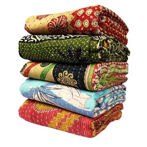 Vintage Bohemian Floral Woven Cotton <b>Quilts</b> Handcrafted Bangali Gudri <b>Bedspreads</b> Assorted Colors Indian Style Eco-Friendly Home - Product Image 2