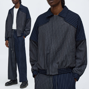 Premium Quality Striped Blazer <b>Jacket</b> Men Contrast Panel Fashion Streetwear Casual <b>Smart</b> Outerwear Custom Logo Acceptable - Product Image 1