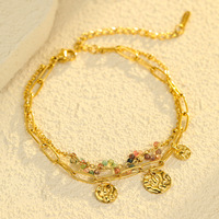 Collier avec pendentif en pierre naturelle multicolore et bracelets à double chaîne pour femmes, ensembles de bijoux en acier inoxydable