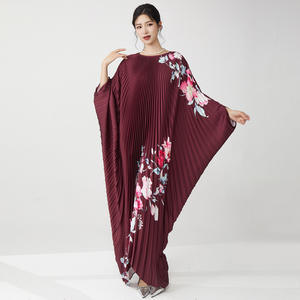 Vestido Maxi Plisado Vintage Floral de Satén Elegante, 100% Poliéster Antiestático, al por Mayor, para Mujer, Manga Murciélago, Cuello en V, Talla Grande - Product Image 3