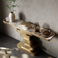Table Console Design Unique pour Entrée de Villa, Structure en Acier Inoxydable et Plateau en Marbre Blanc