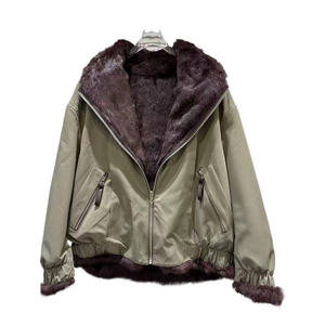 Nuovo Cappotto Corto da Donna in Lana/Seta con Cerniera Sottile e Fodera in Vera <span class=keywords><strong>Pelliccia</strong></span> di Coniglio, Nero e Bianco su Entrambi i Lati - Product Image 5