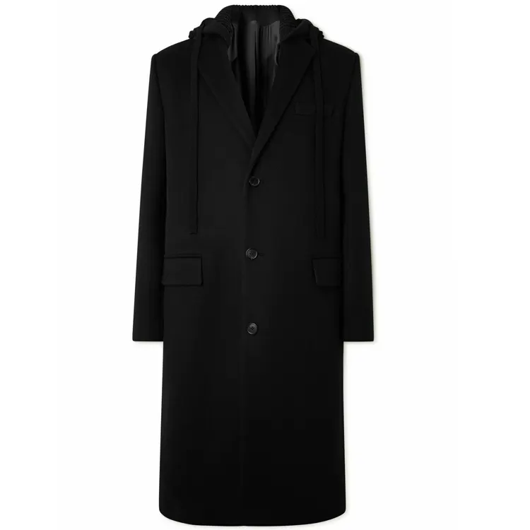 OEM yüksek kalite çift taraflı düz renk ekstra uzun 100% yün kış erkek siyah kapüşonlu iş yaka kaşmir ceket