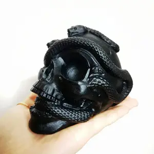 Black Obsidian Skulls with Snakes Carvings Hand Made Sculpture 600 - 800 g 4-5 inches
