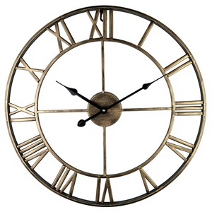 <b>Large</b> Vintage Metal Frame Wall <b>Clock</b> With Roman Numerals And Antique Gold Finish For Home Decor - Product Image 1