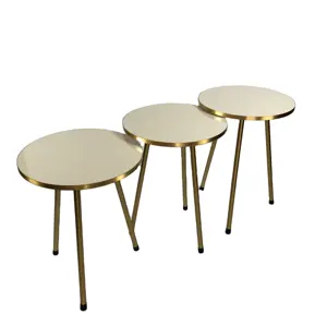 Factory Wooden And Metal Side Table Set 3 End Table With Metal Frame Round 3 PC Stacking Marbled Coffee Table Set