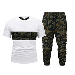 Men's White Crew Neck T-Shirt Camouflage Jogger Pants <b>Set</b> Casual <b>Knitted</b> 100% Cotton Breathable Spring Wear Anti-Shrink Front - Product Image 2