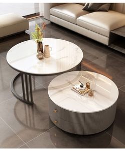 Modern Lüks Mermer Görünümlü Sinterlenmiş Taş Üstlü Yuvarlak Sehpa Seti, Çekmeceli ve 360 Derece Dönebilen °   Oturma Odası İçin Dönüş - Product Image 1