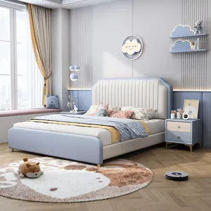 Cama de estilo italiano para niños, marco de madera maciza, juego de muebles de dormitorio de cuero tapizado para niños con armario de almacenamiento