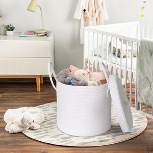 Large 15\" X 13\" Modern White <strong>Wicker</strong> <strong>Storage</strong> <strong>Basket</strong> Cotton Rope Lid Kids Decorative Toy Bin Box Cover for Baby <strong>Storage</strong> Fabric - Product Image 4