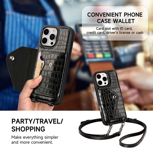 Custom Logo Genuine Leather Wallet Phone Case with Crossbody Strap Bulk for iPhone 14 15 16 17 18 Pro Max
